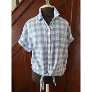 Beach Lunch Lounge Blue & White Checkered Linen-Cotton Tie-Front Shirt Size M
